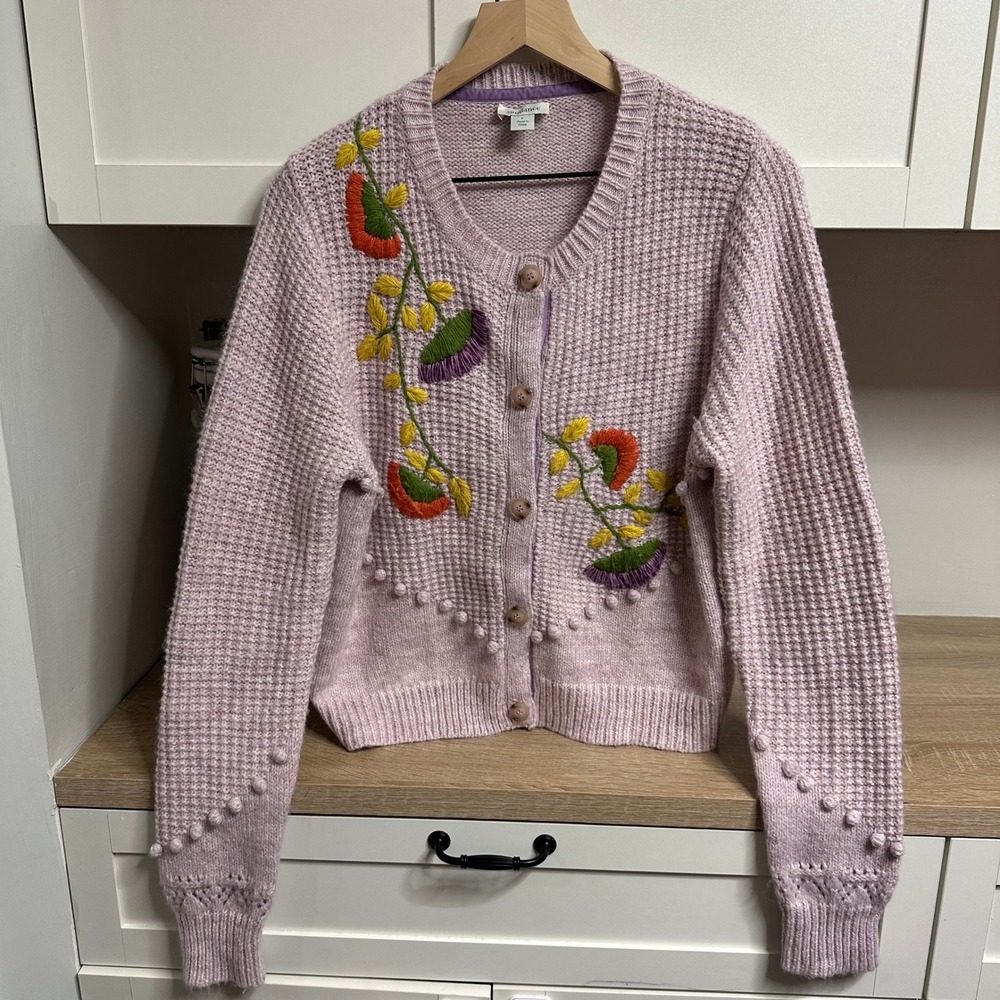 Sundance Cardigan Sweater Womens L Lilac Floral Embroidered Bobble Trim Cottage